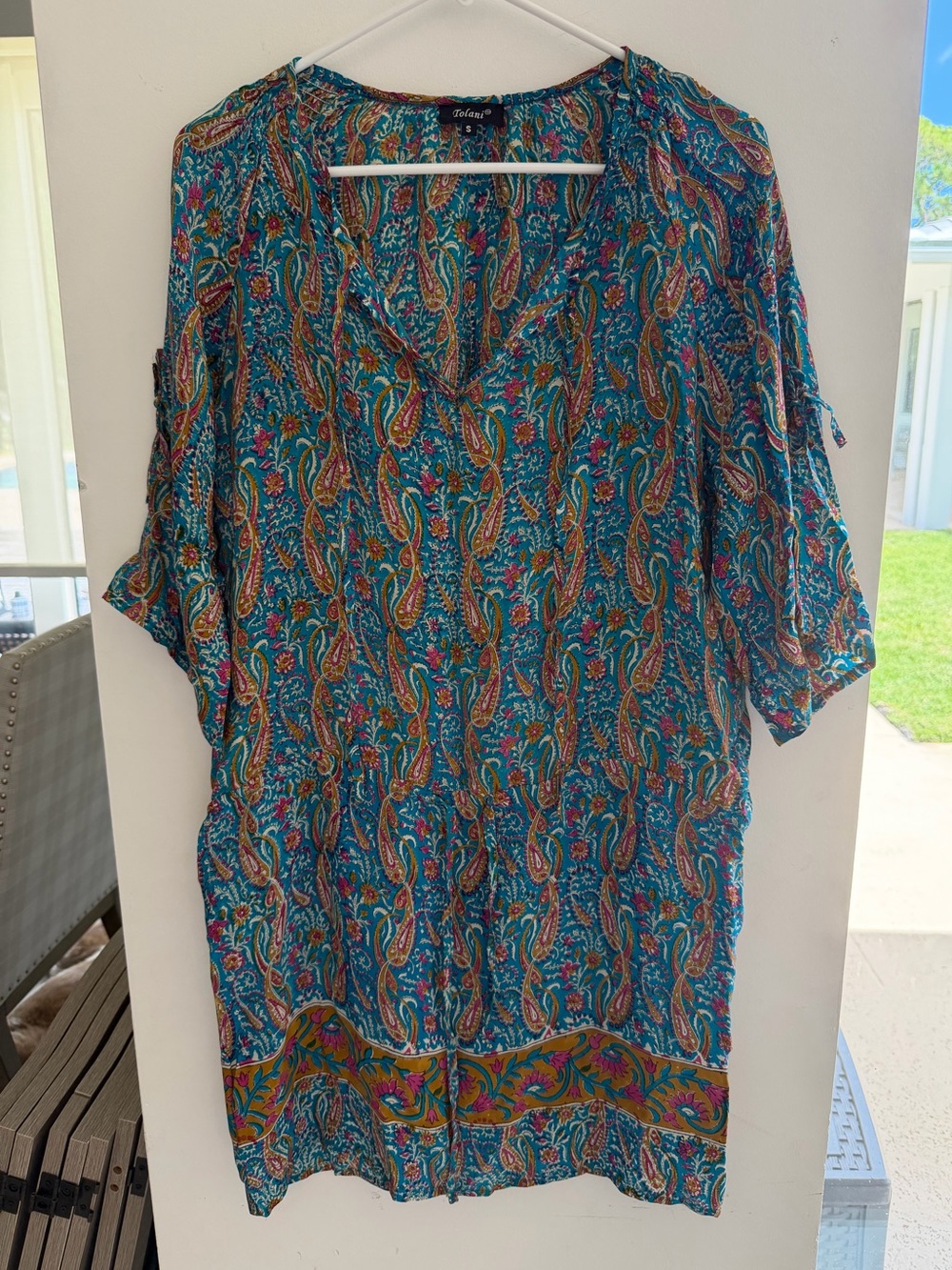 Tolani Teal Paisley Dress with Pink and Gold Accents